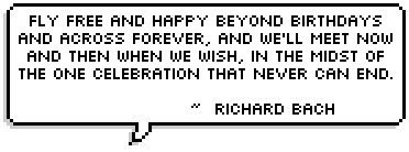 Fly free and happy beyond birthdays and across forever, and we'll meet now and then when we wish, in the midst of the one celebration that never can end. ~  Richard Bach